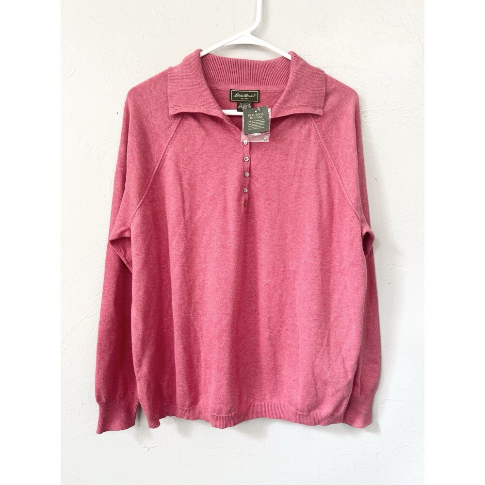 Eddie Bauer Mens XXL Salmon Cotton Cashmere Long Sleeve Polo Sweater Knit Top